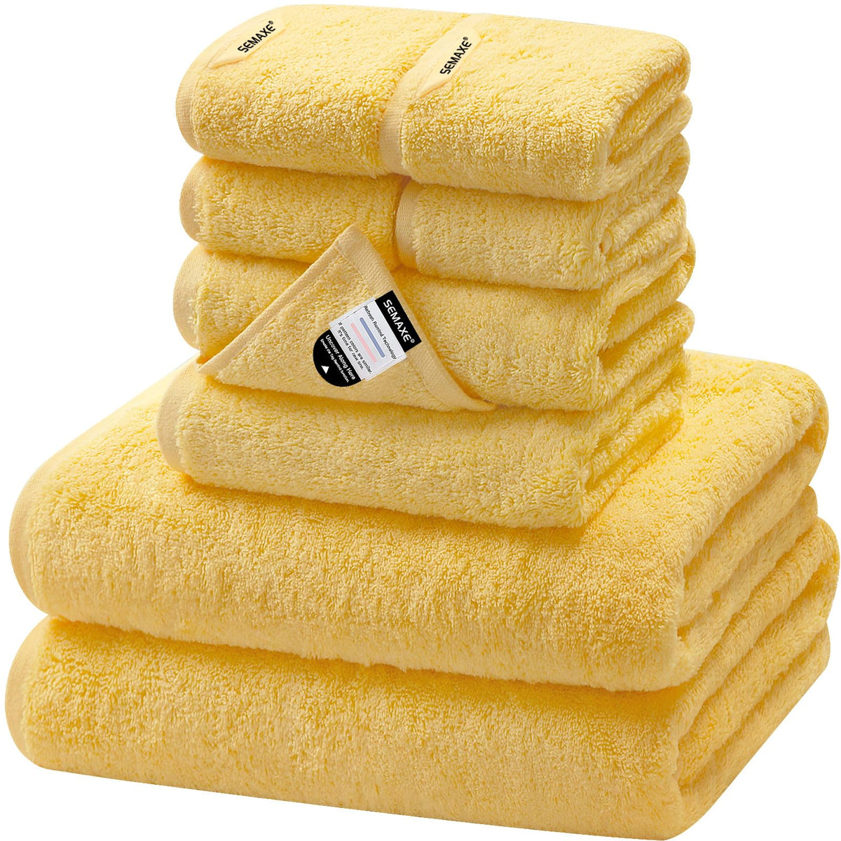 SEMAXE front packaging showing boxed 8-piece yellow towel set and neat presentation