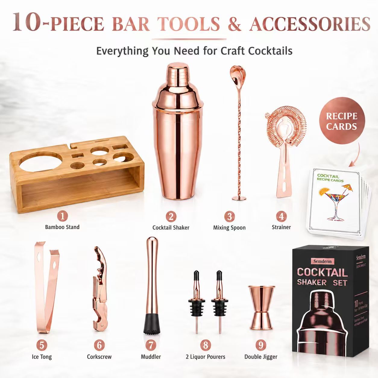 Semderm bamboo stand displaying full 10-piece kit for organized storage