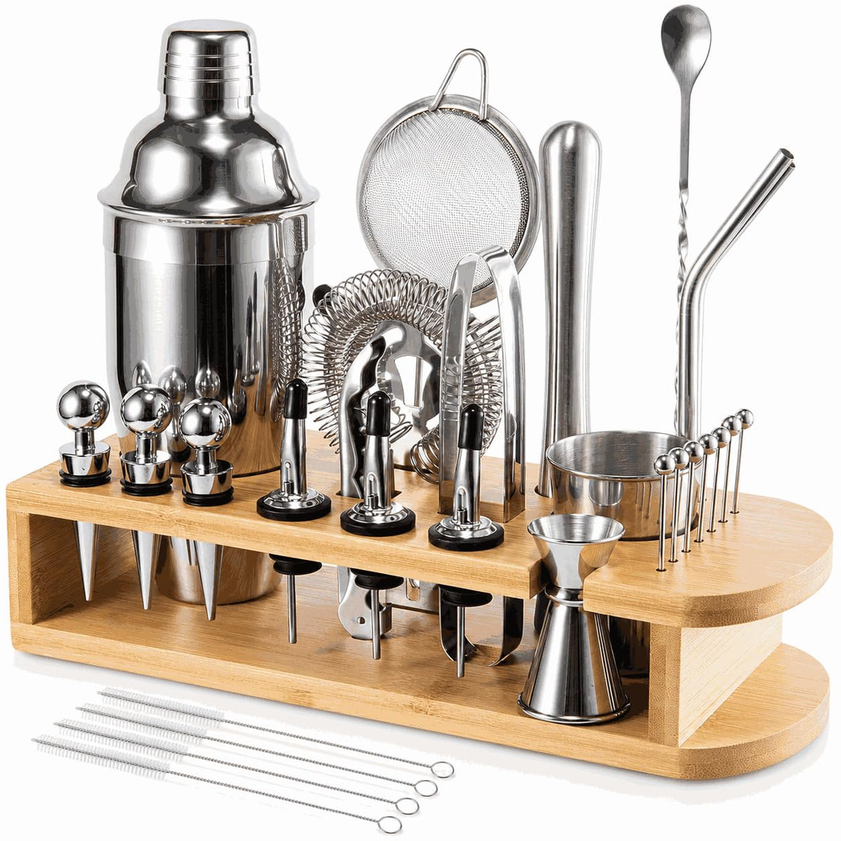 Semderm front view with bamboo stand showing organized tools and elegant display