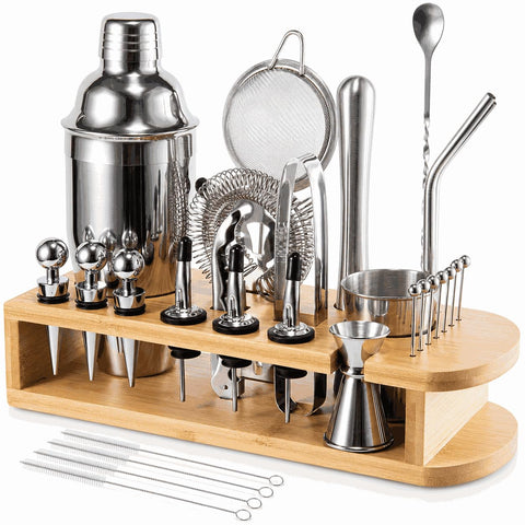 Semderm front view with bamboo stand showing organized tools and elegant display