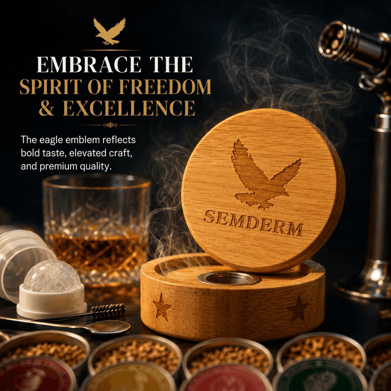 Semderm laser-engraved eagle lid detail adding visual drama and patriotic style