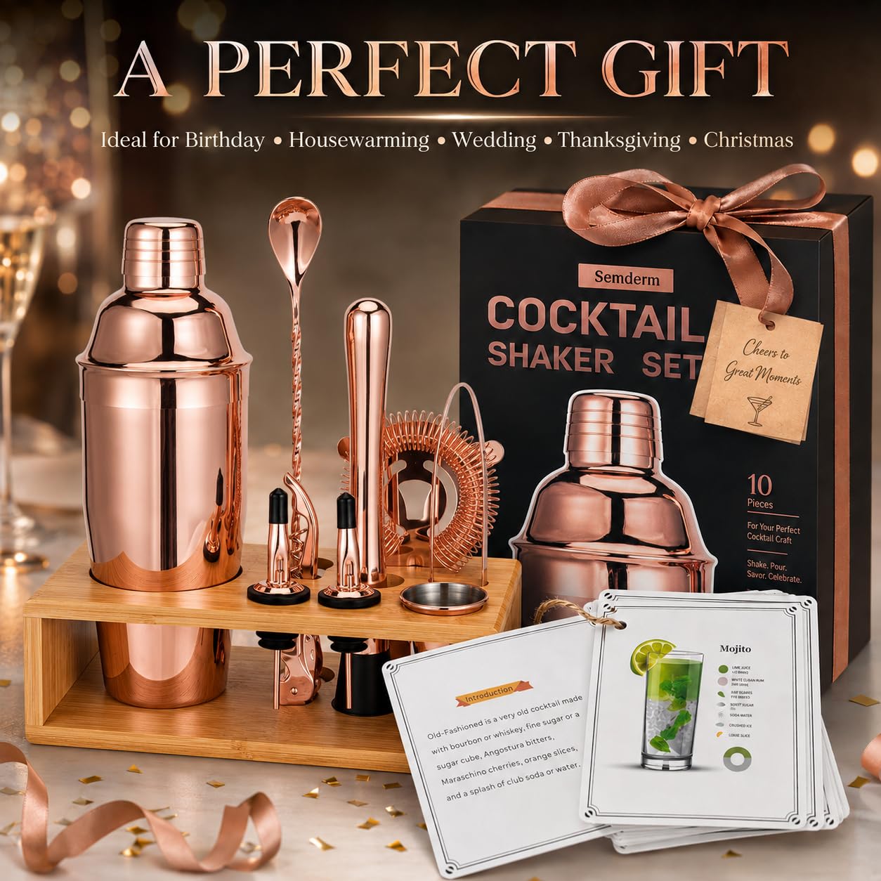 Semderm bar cart lifestyle showing rose gold set as elegant decor