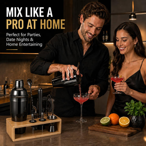 Semderm using shaker in kitchen showing ease of use during cocktail preparation