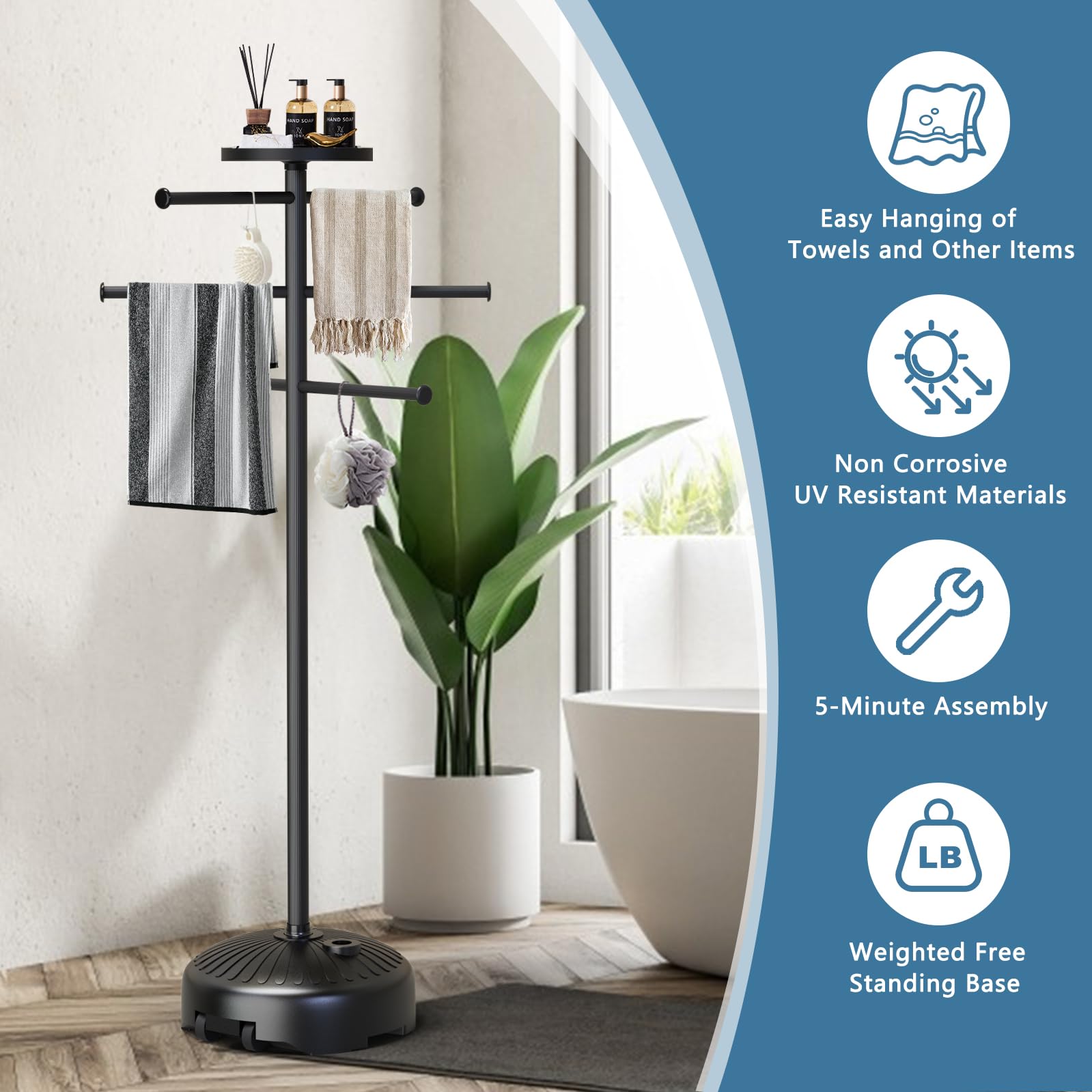 Semoprus towel rack placed by pool showing organized dry towels benefit