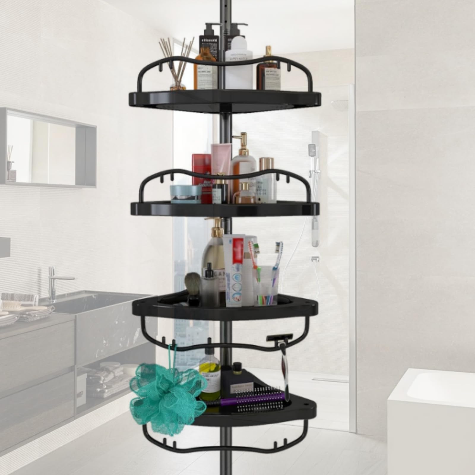 Sempicad front view shower caddy showing four baskets and sleek black finish for organized storage
