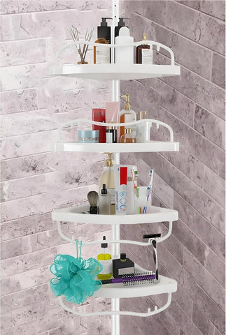 Sempicad front view of white tension pole caddy showing organized baskets and tidy storage