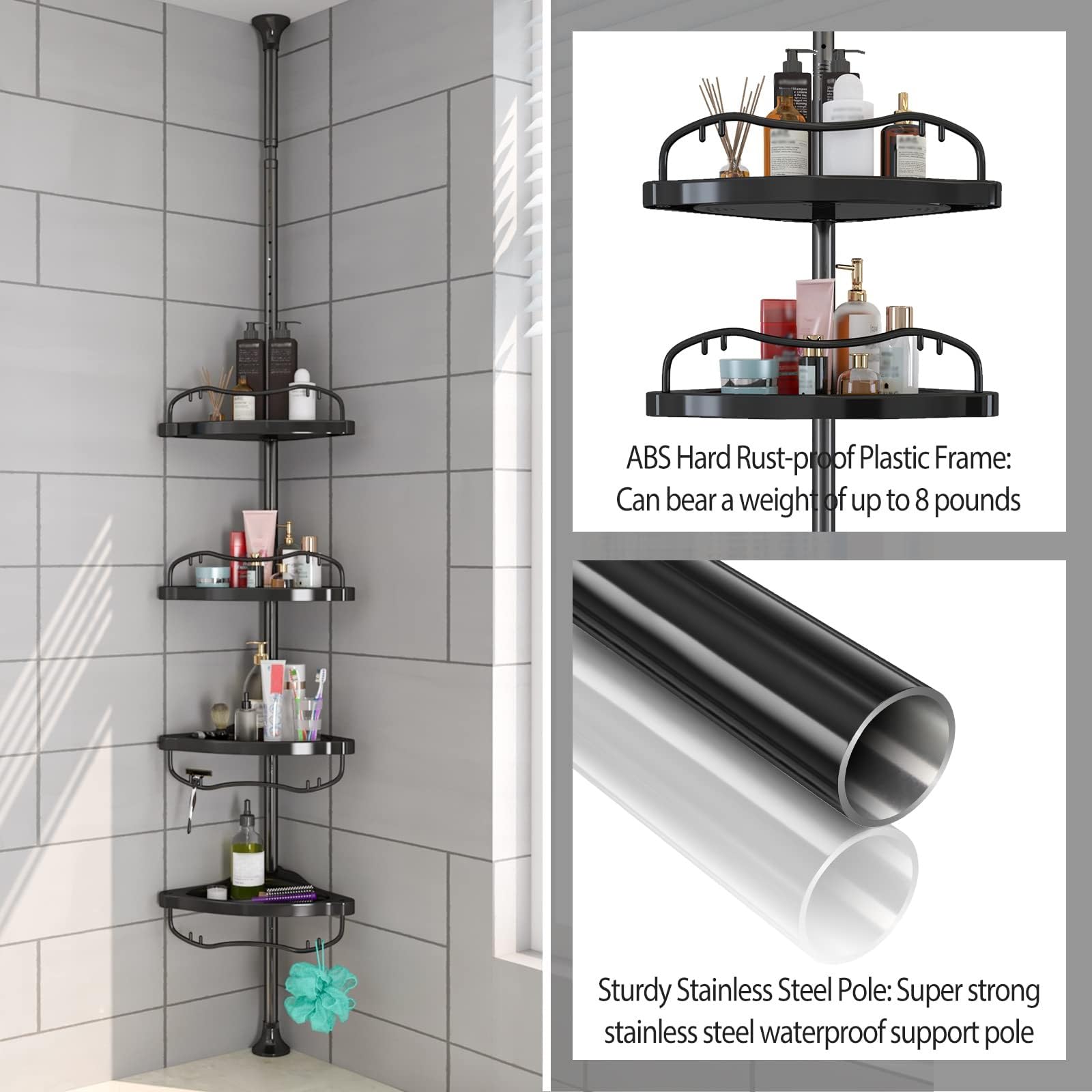Sempicad installed in corner shower displaying space-saving vertical storage and tidy bottles
