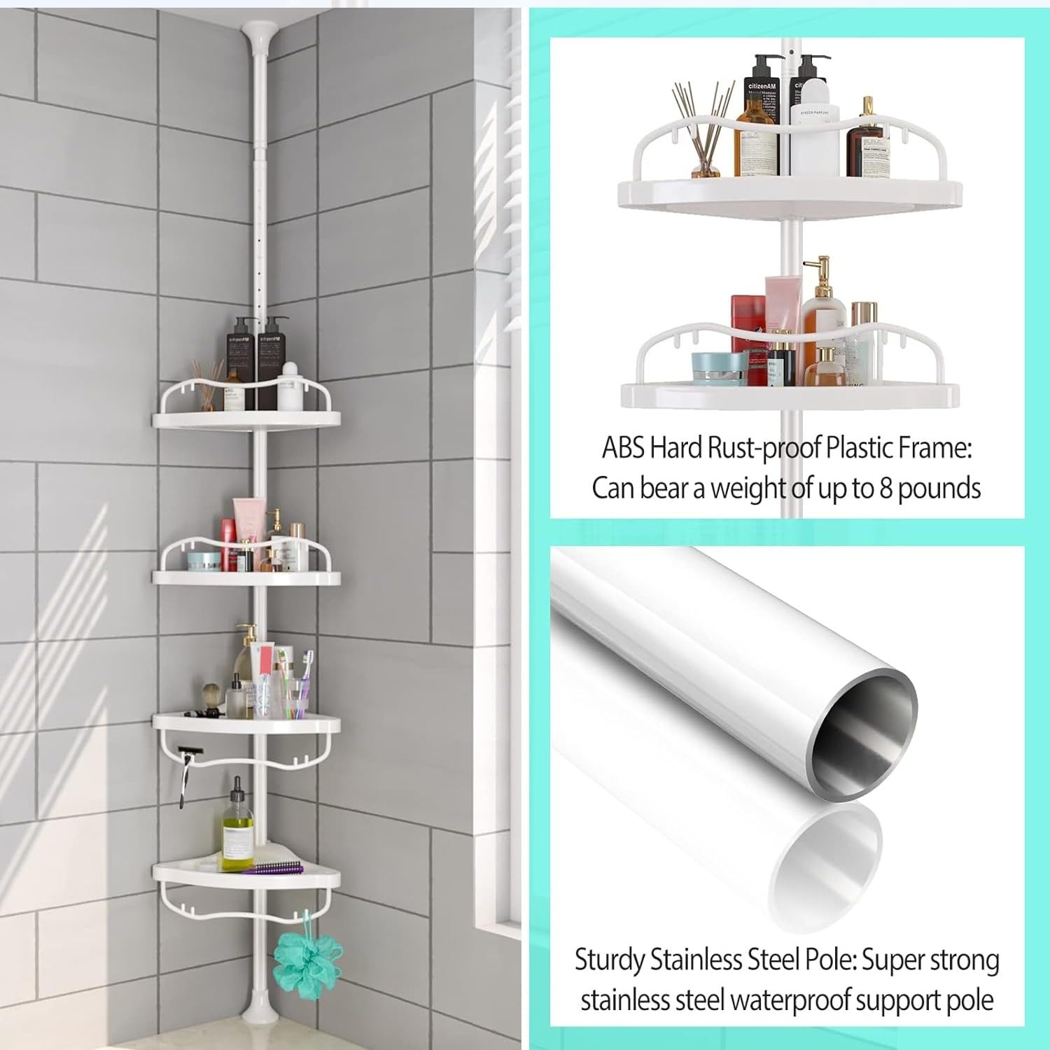 Sempicad installed in a shower corner saving space and organizing bottles within reach