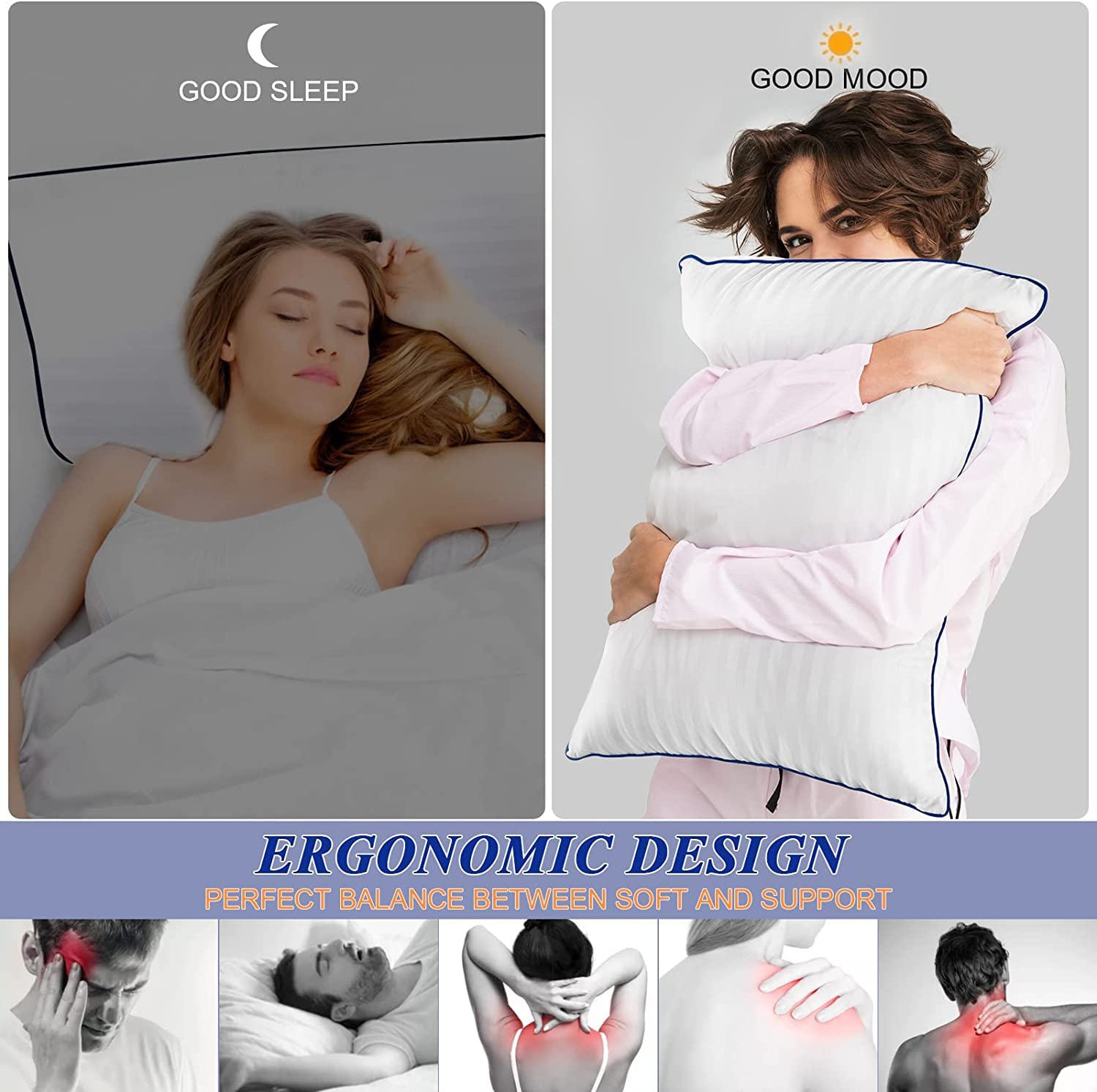 SEMZSOM set of four pillows arranged on a bed demonstrating hotel-style comfort