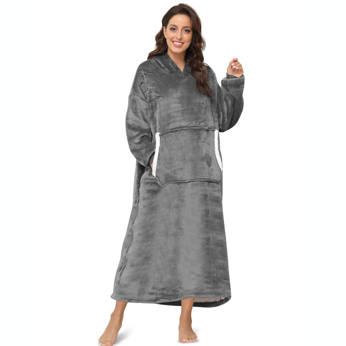 Sendowtek front view wearable blanket showing roomy fit and cozy look