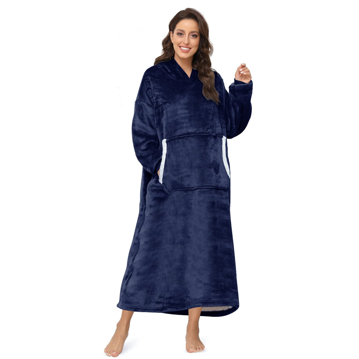 Sendowtek front view of navy hoodie blanket showing full-length coverage and comfort