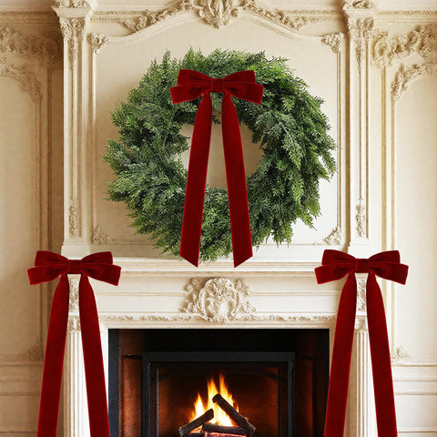 Senjie bow attached to a wreath on a mantel creating festive curb appeal