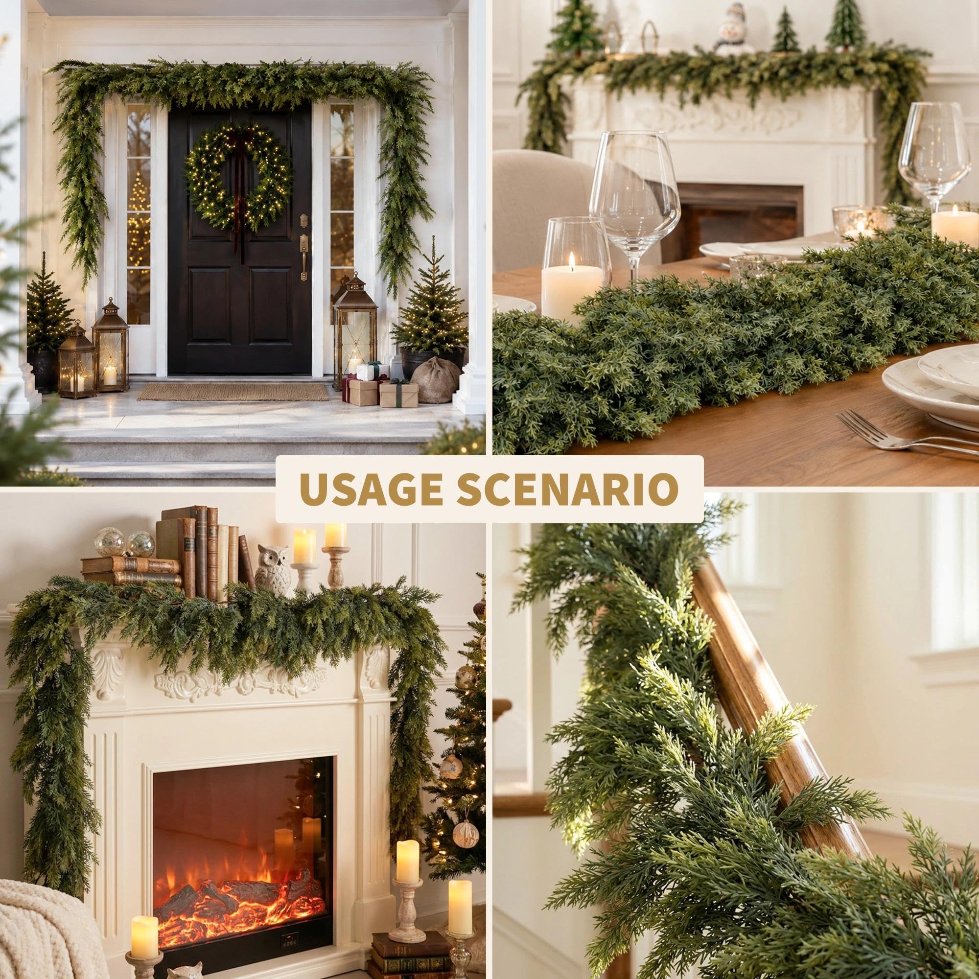 Senjie cedar garland draped over mantel adding classic greenery and festive curb appeal
