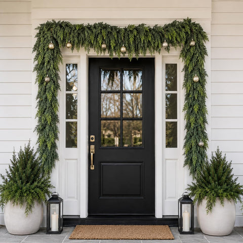 Senjie hand touching garland texture highlighting lifelike, soft foliage