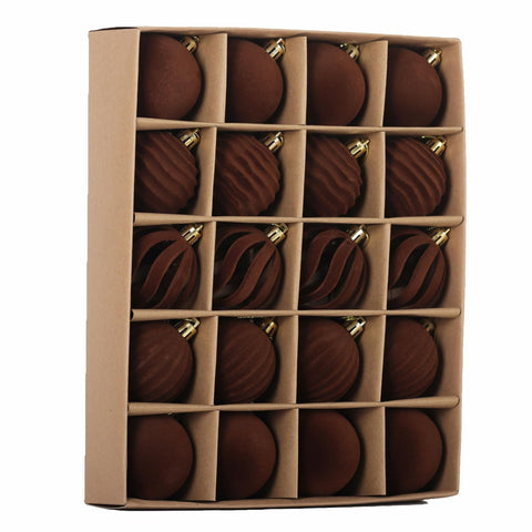 Senjie front packaging showing 20-piece brown velvet ornaments for cohesive decor