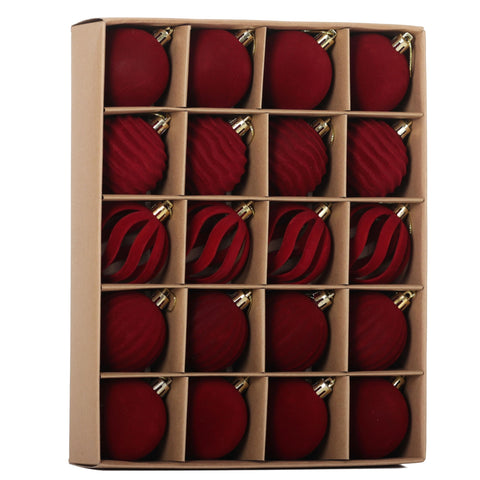 Senjie front packaging showing 20-piece burgundy ornament set and neat presentation benefit