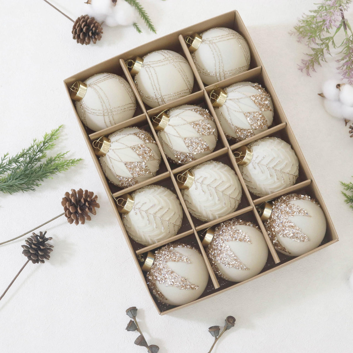 Senjie front packaging showing twelve velvet ornaments and reinforced box benefit: organized storage
