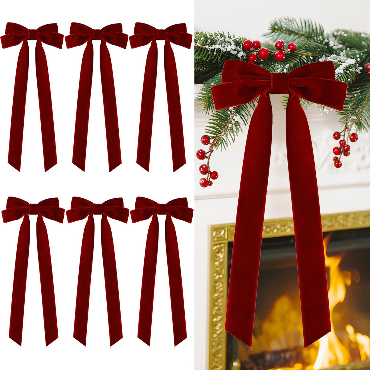 Senjie front view showing six pre-tied velvet bows and packaging for quick decorating