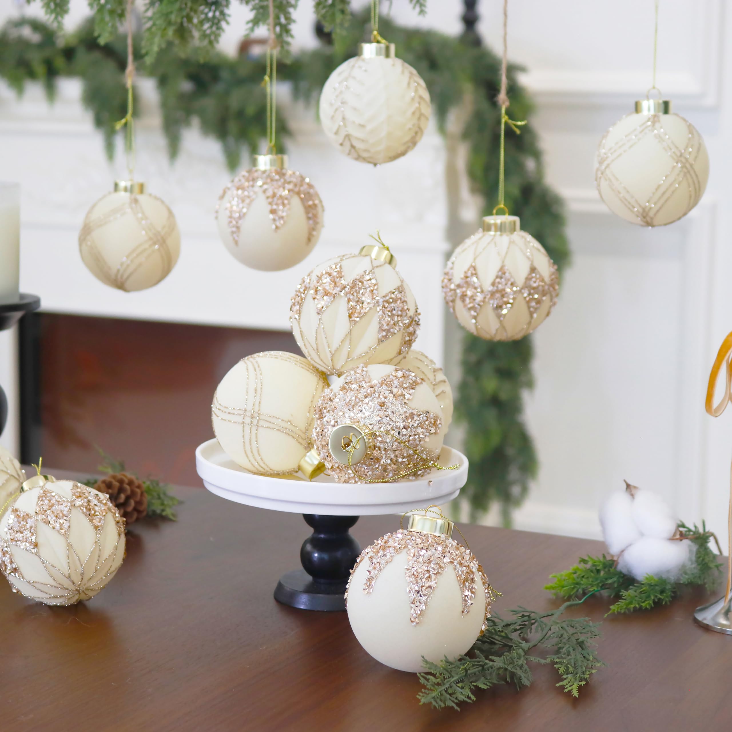 Senjie group of ornaments arranged on table showing cohesive color palette and elegant holiday styling benefit
