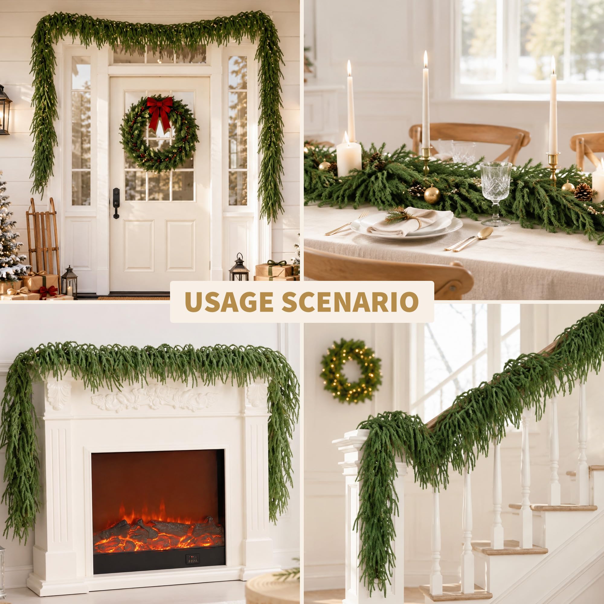 Senjie garland draped across a mantel creating cozy holiday ambiance
