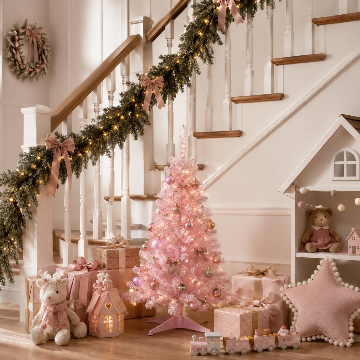 Senjie pink tree in window display creating attractive seasonal accent