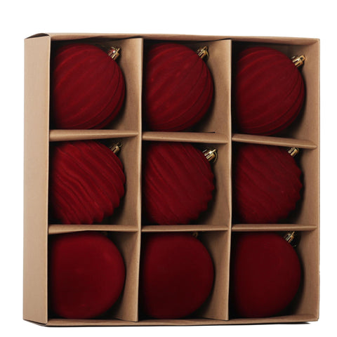 Senjie front view of burgundy velvet ornament set showing elegant packaging and color