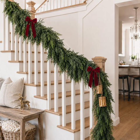 Senjie garland wrapped on staircase banister demonstrating flexible shaping and secure fit