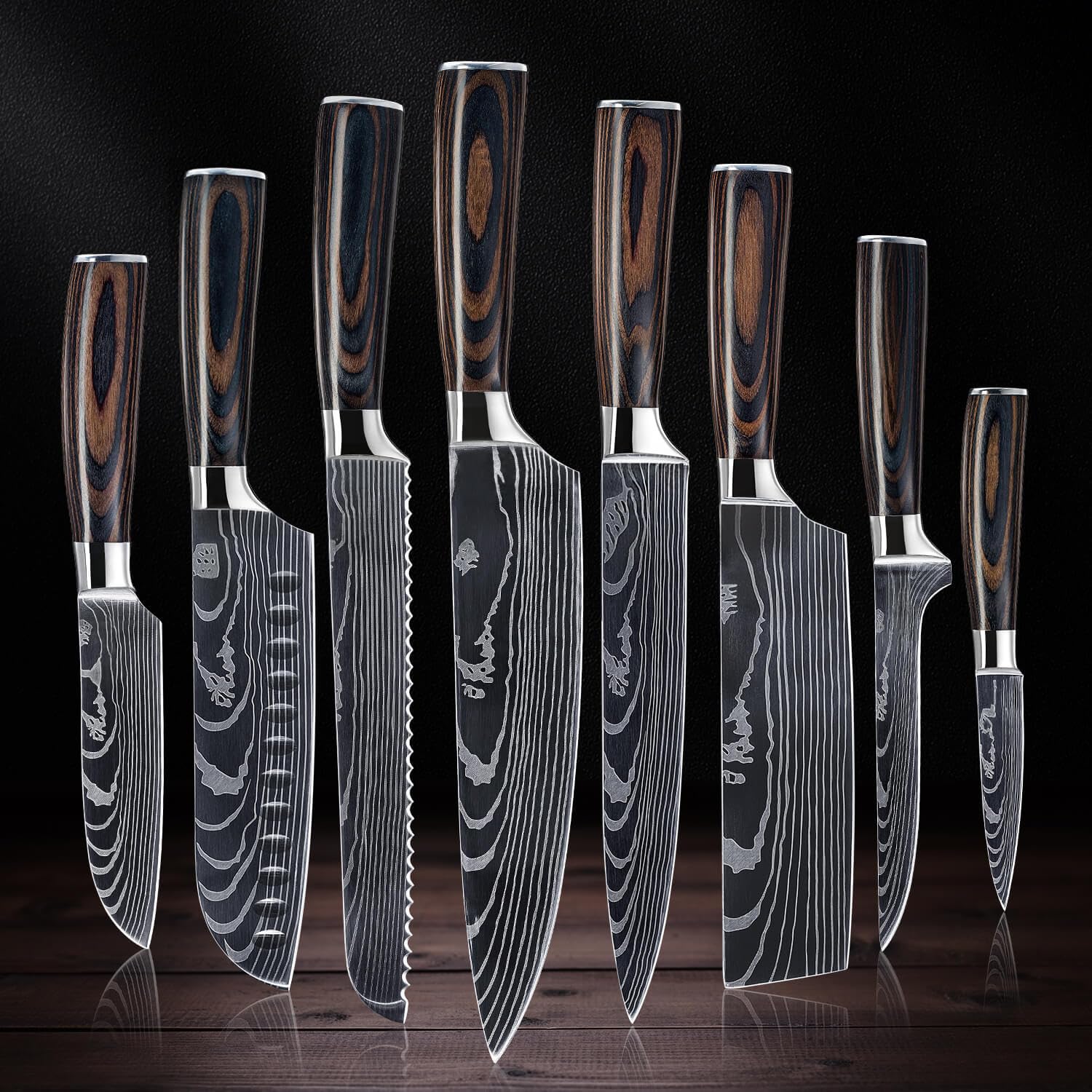 Senken Knives front packaging showing whole 8-piece set and premium box - elegant storage