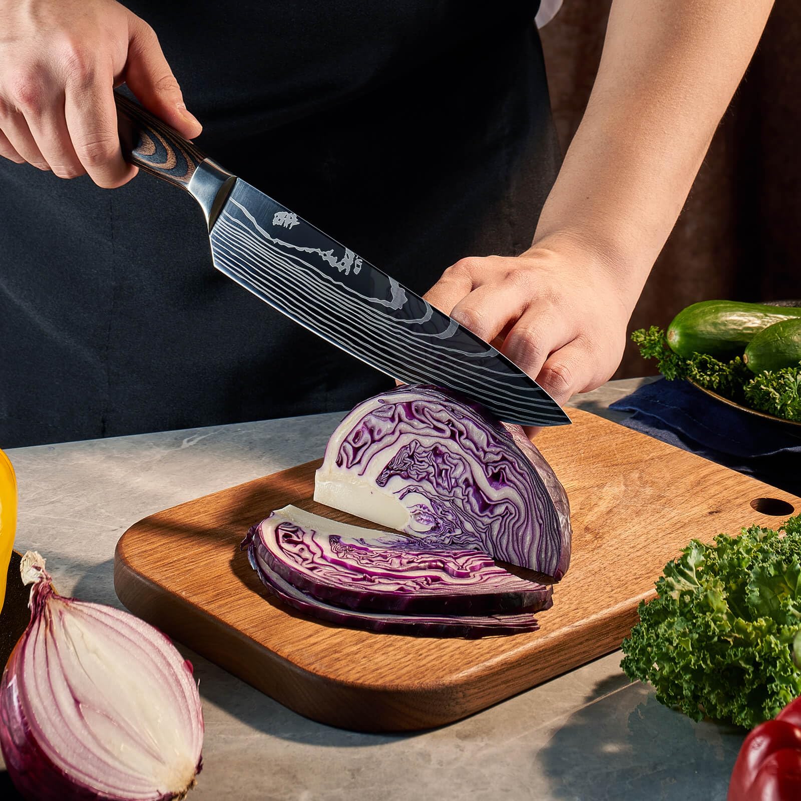Senken Knives slicing vegetables in kitchen showing precise cuts and faster prep