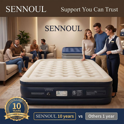 SENNOUL mattress outdoors on grass illustrating camping-ready portability and quick pump inflation