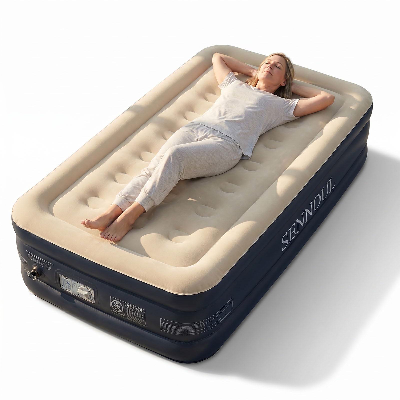 SENNOUL twin mattress front view showing raised 16-inch profile and neat finish, offering comfortable raised sleep