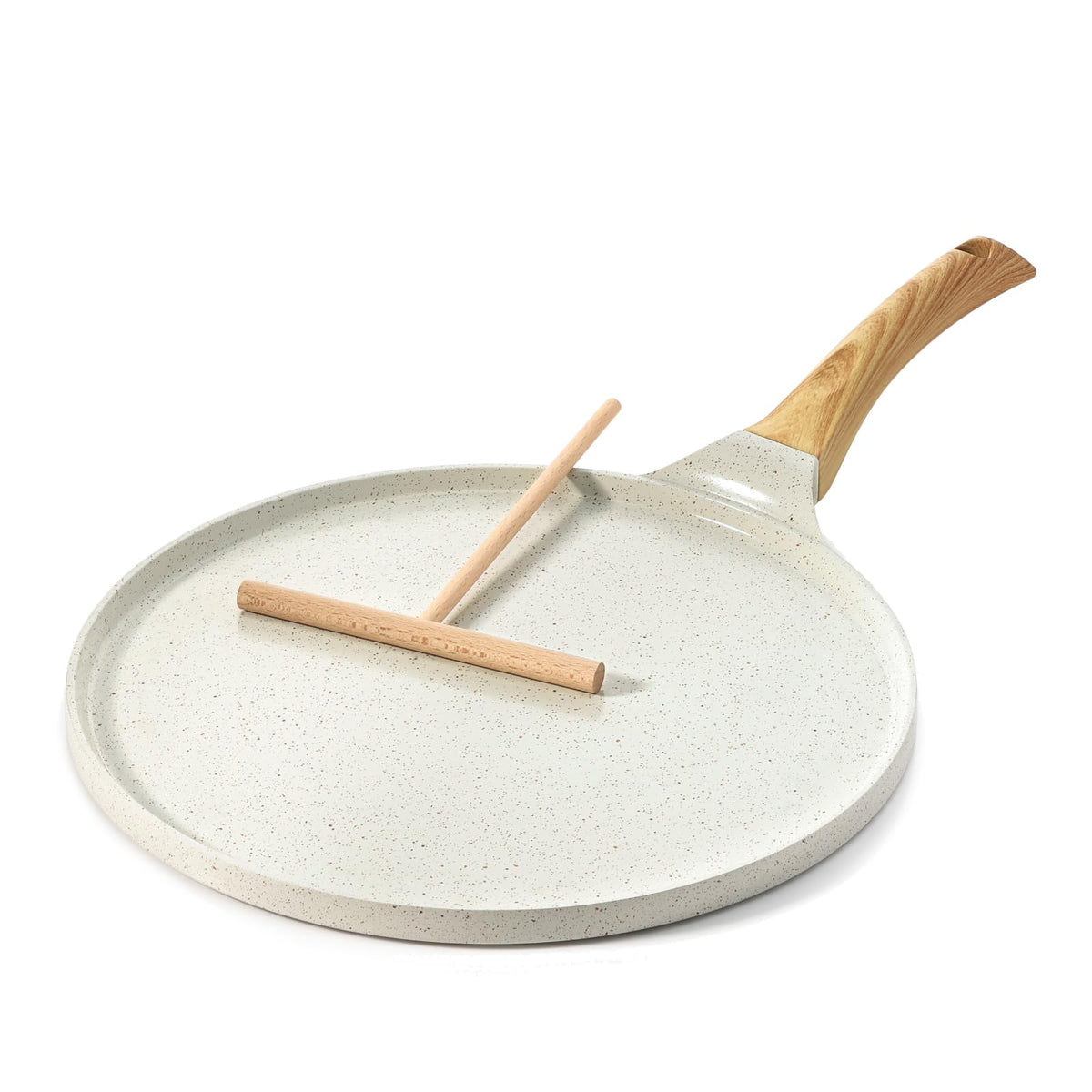 SENSARTE front view white 12 inch crepe pan showing full cooking surface and rim, clear benefit easy flipping