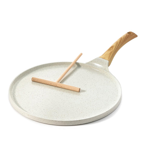 SENSARTE front view white 12 inch crepe pan showing full cooking surface and rim, clear benefit easy flipping