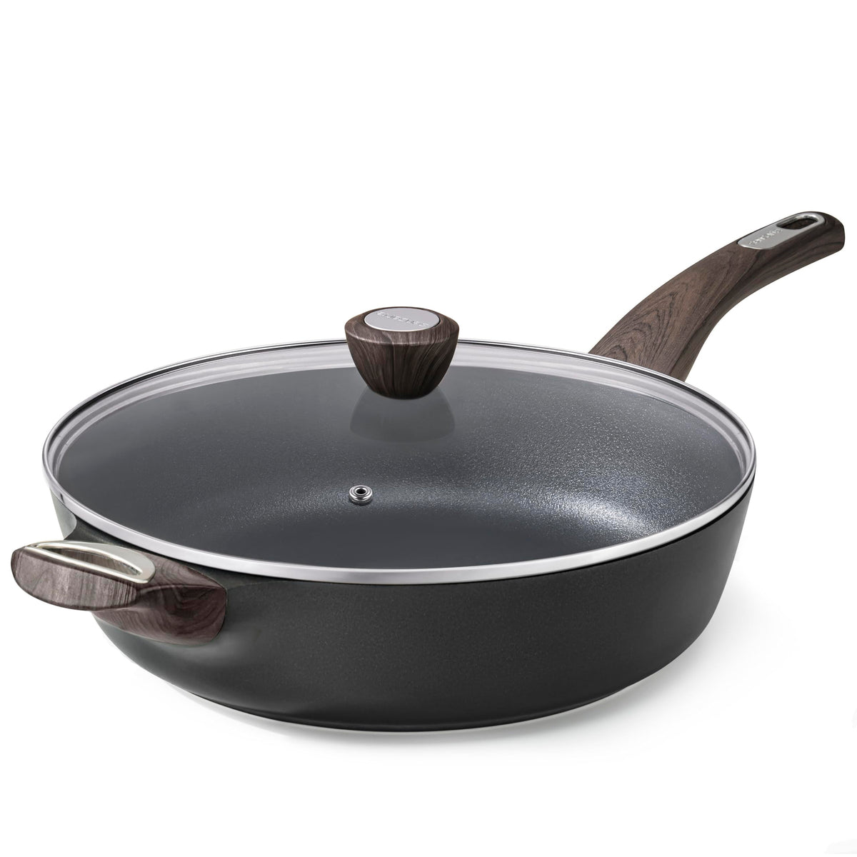 SENSARTE 12-inch skillet front view showing capacity and lid benefits