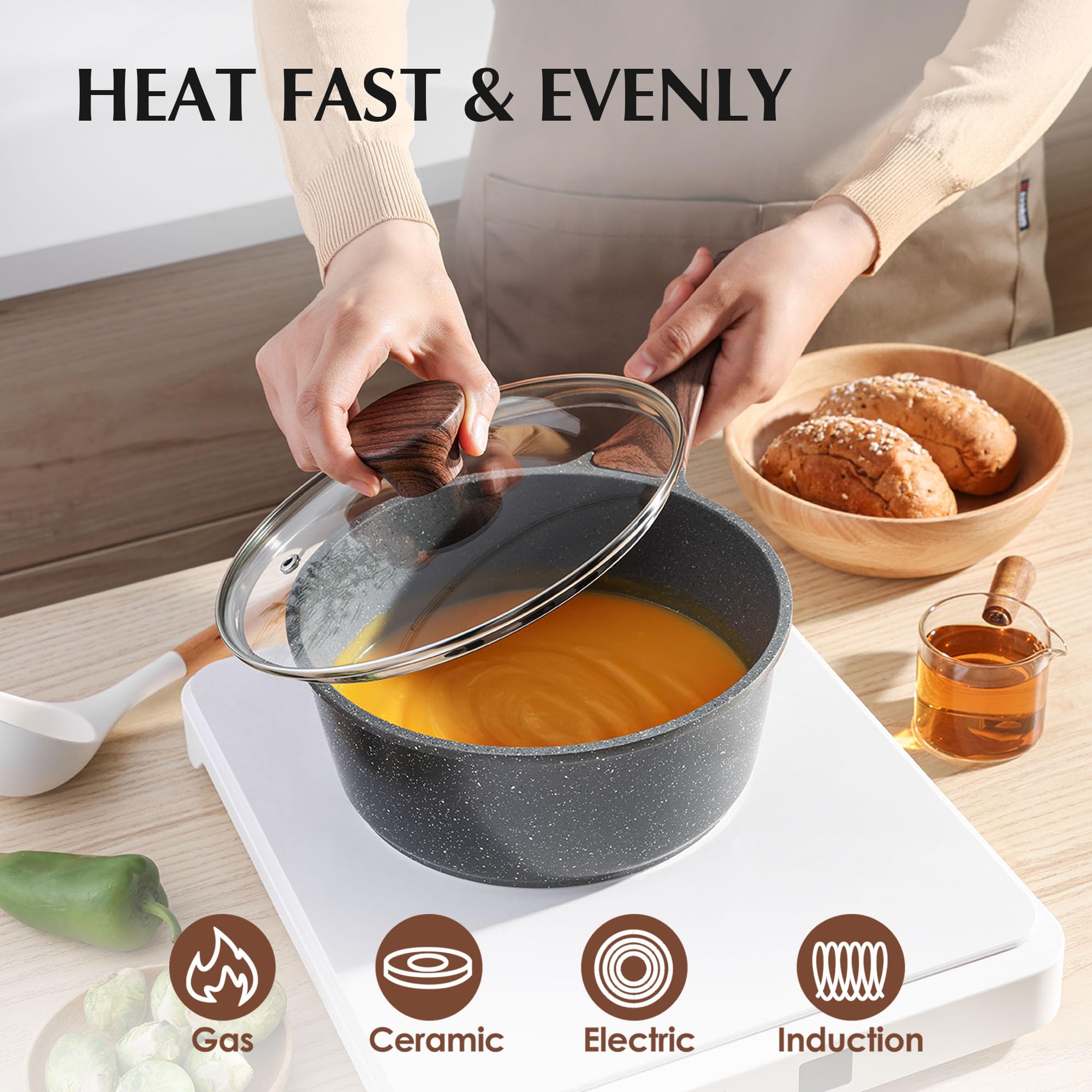 SENSARTE 2.5-quart saucepan with lid demonstrating compact versatility