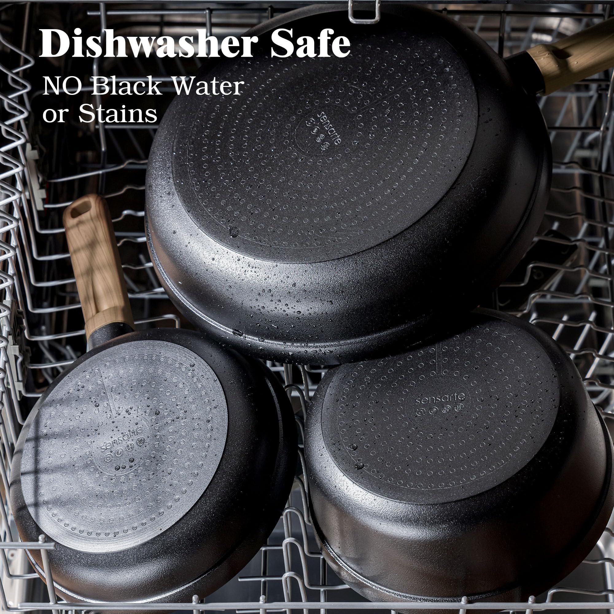 SENSARTE 8" and 11" frying pans displayed for even searing and quick multi-size frying versatility