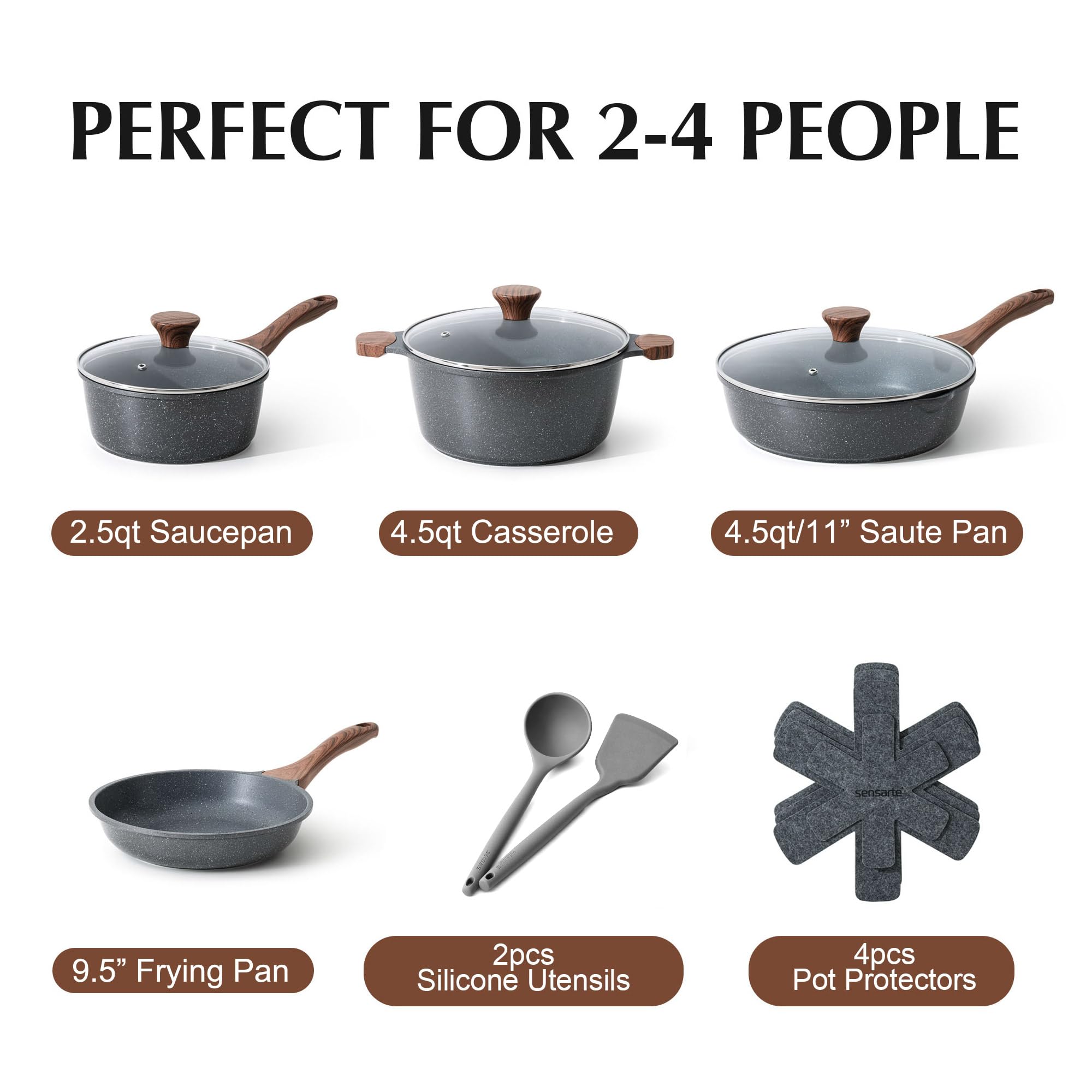 SENSARTE 9.5-inch fry pan top view showing nonstick surface for easy flipping