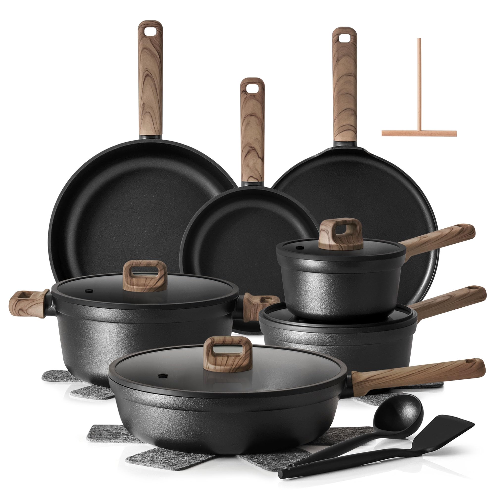 SENSARTE front view of full black titanium cookware set showing complete assortment and organized storage benefit