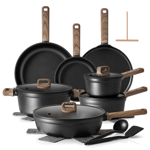 SENSARTE front view of full black titanium cookware set showing complete assortment and organized storage benefit