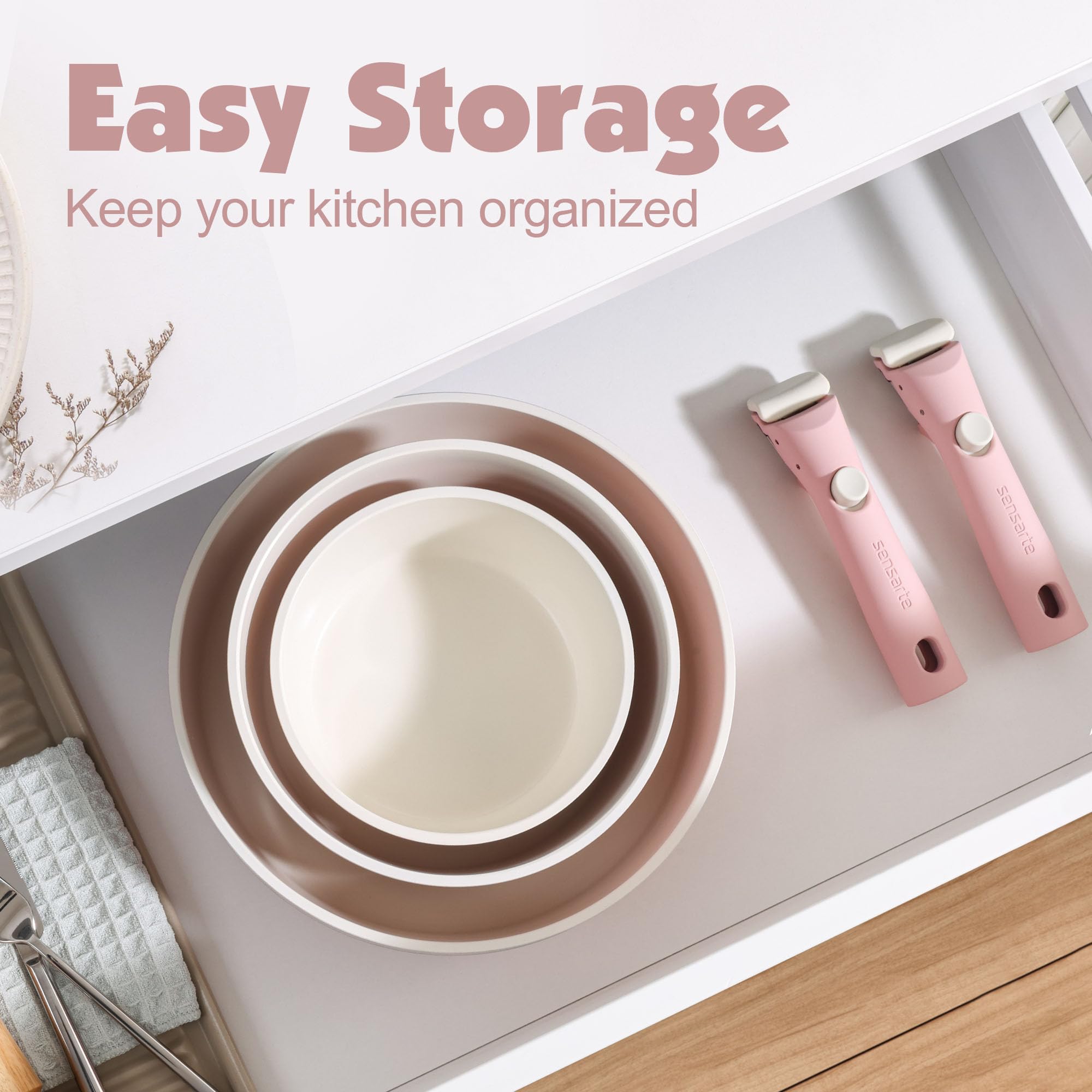 SENSARTE removable handle attaching to pan, showing secure lock and safer handling benefit