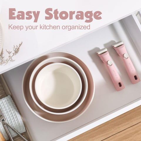 SENSARTE removable handle attaching to pan, showing secure lock and safer handling benefit