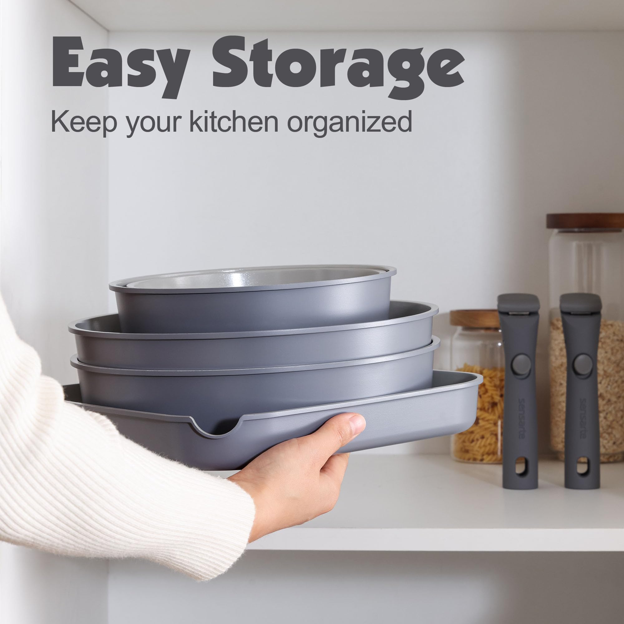 SENSARTE detachable handle engaged on pan demonstrating secure, space-saving benefit