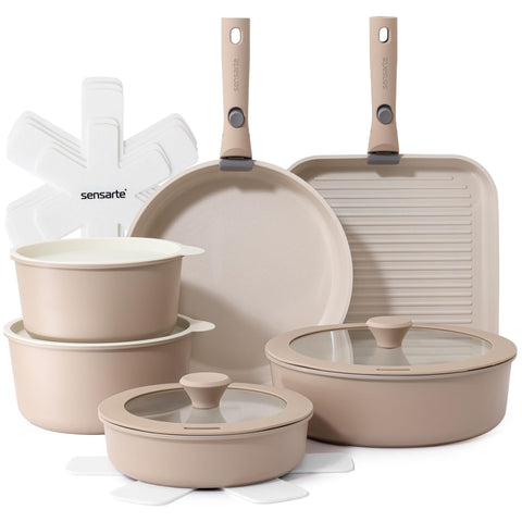 SENSARTE front view of almond beige 17-piece set showing organized layout and convenience