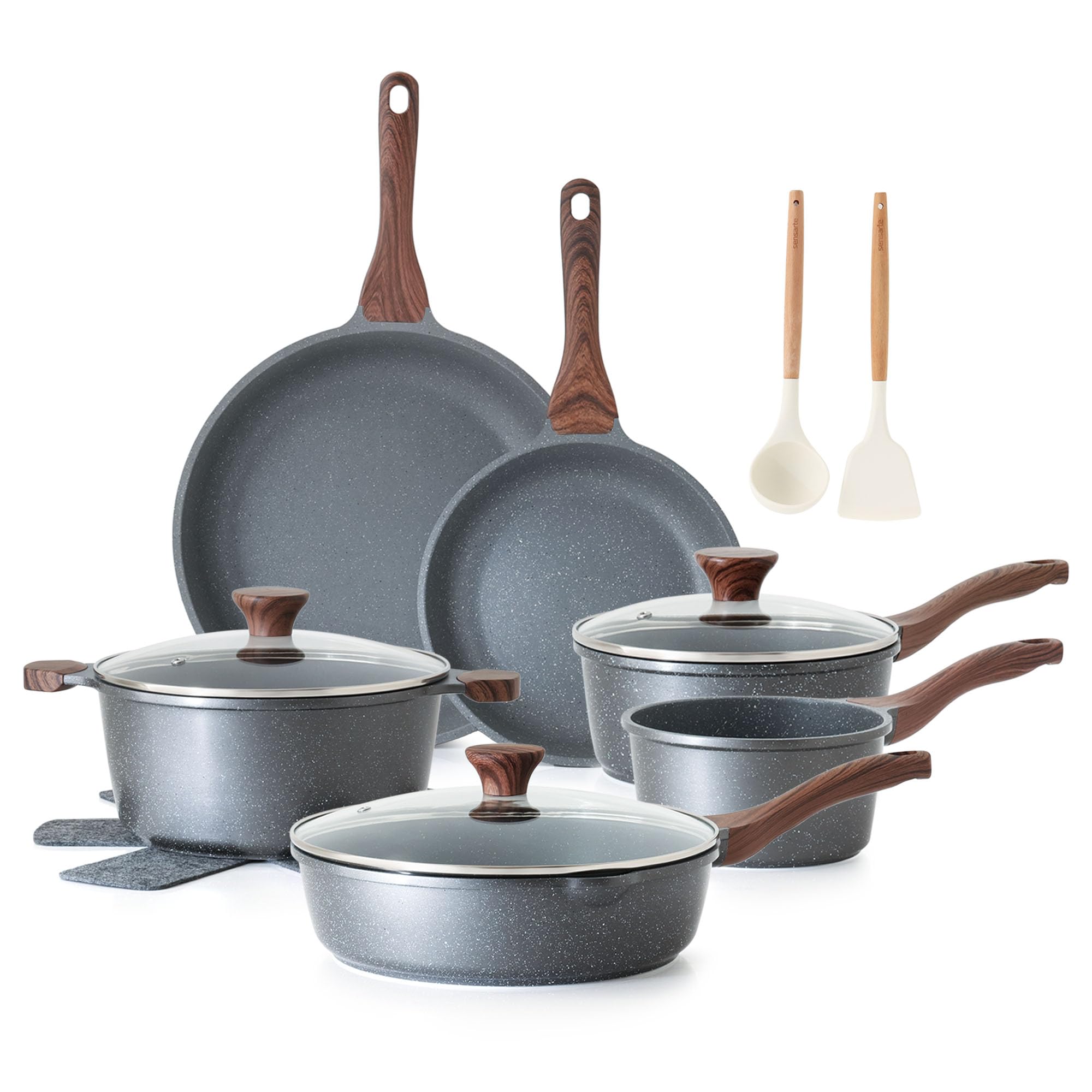 SENSARTE front view of full 16-piece set showing included pots and pans for complete kitchen setup
