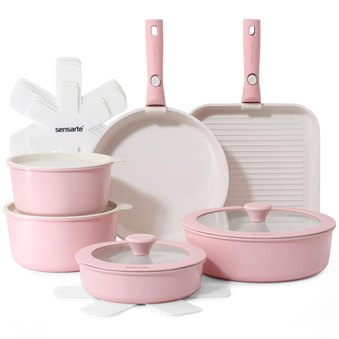SENSARTE front view of the full pink 17-piece set showing organized components and space savings