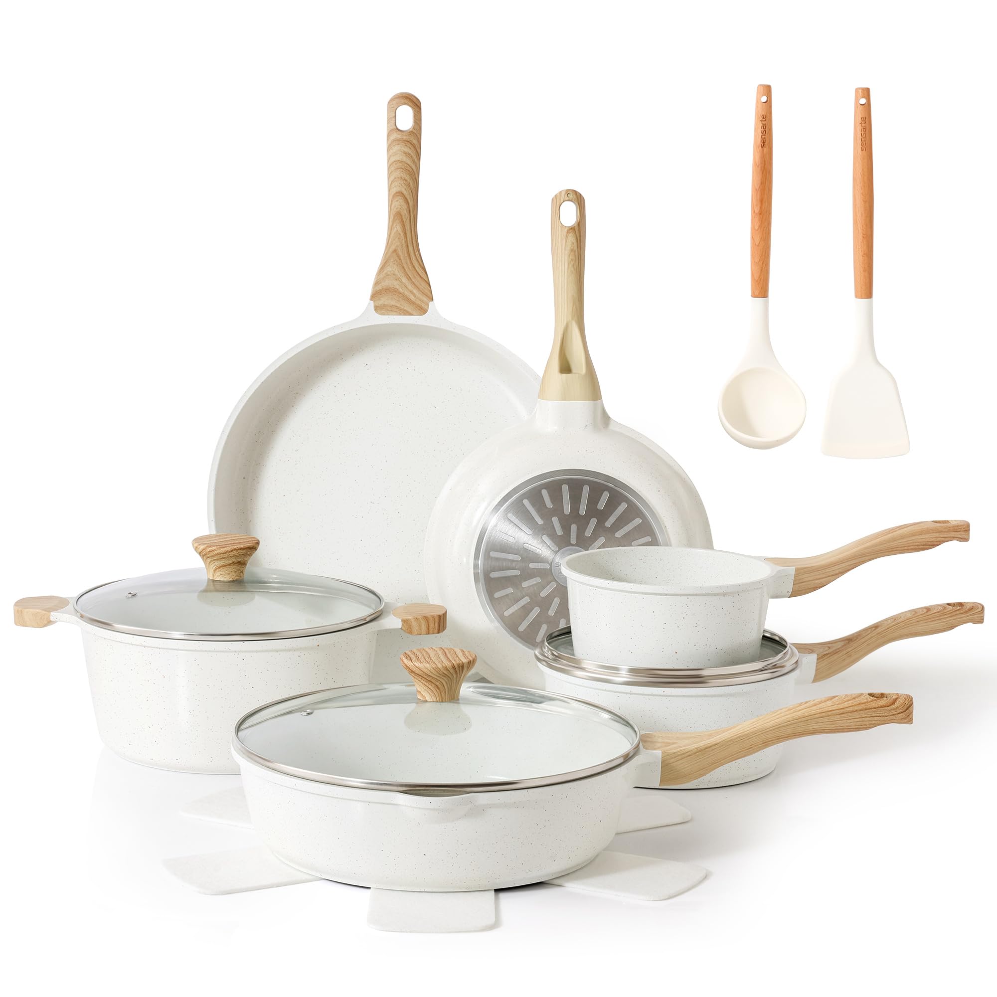 SENSARTE front view of complete 16-piece cream cookware set showcasing contents and style