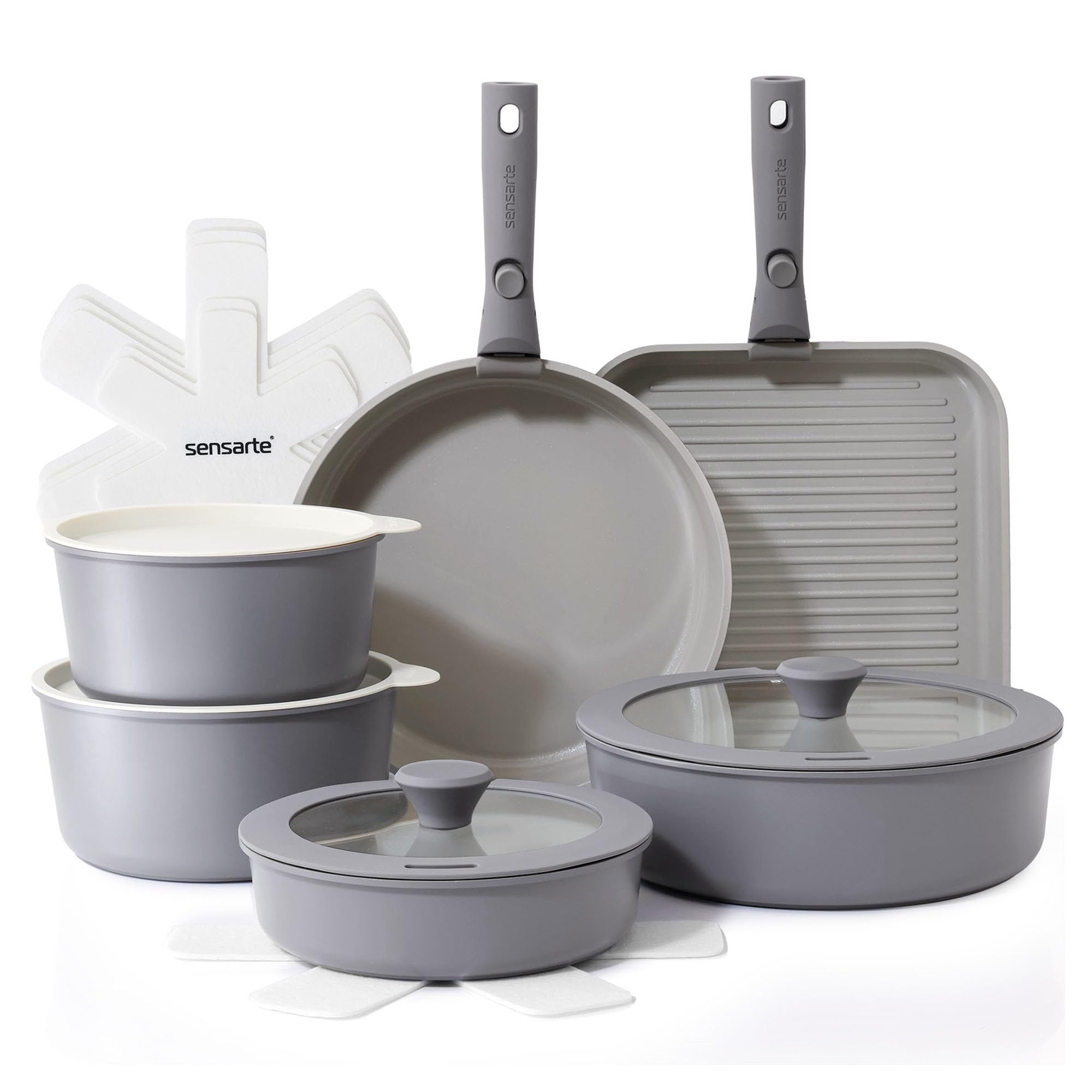 SENSARTE cookware front view showing full gray 17-piece set and organized layout