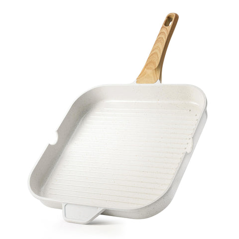 SENSARTE grill pan front view showing square shape and white ceramic finish for healthy cooking