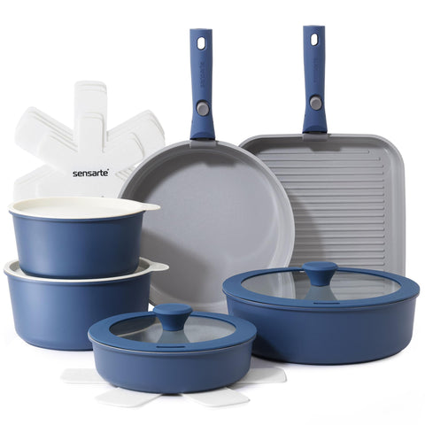 SENSARTE front view of navy 17-piece set showing included cookware for versatile meals