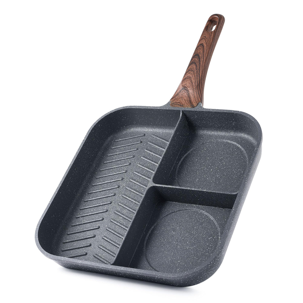 SENSARTE front view of 11-inch square grill pan showing three sections and branding benefits